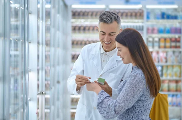 woman and man in a drugstore