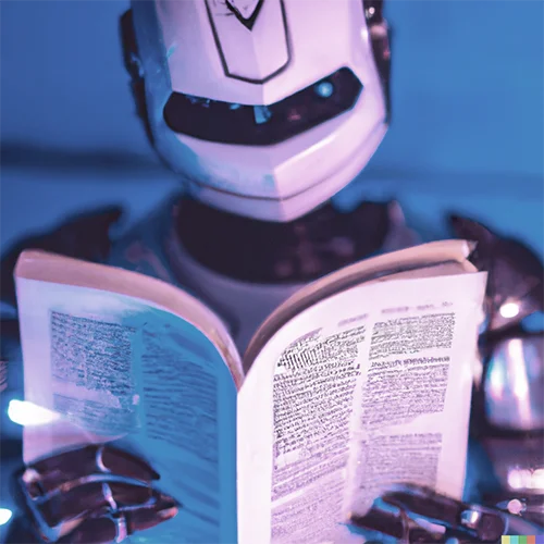 reading robot with blue background