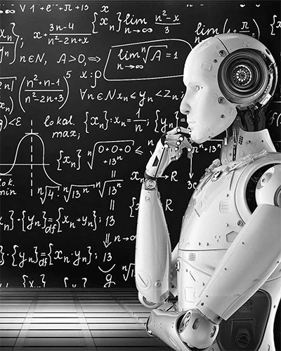 picture of robot thinking in front of a board