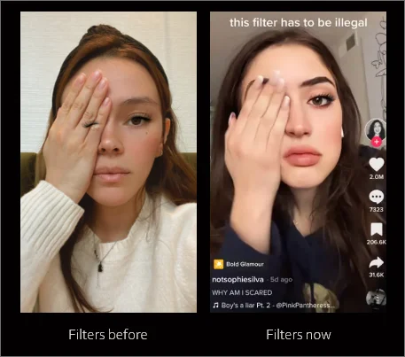 woman with old beauty filter and woman with bold glamour from tiktok