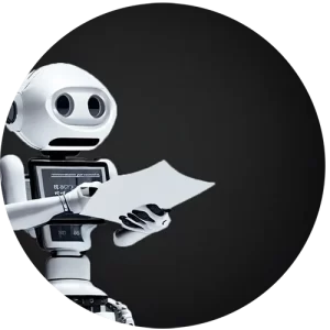 robot reading a paper in a black background