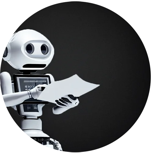robot reading a paper in a black background