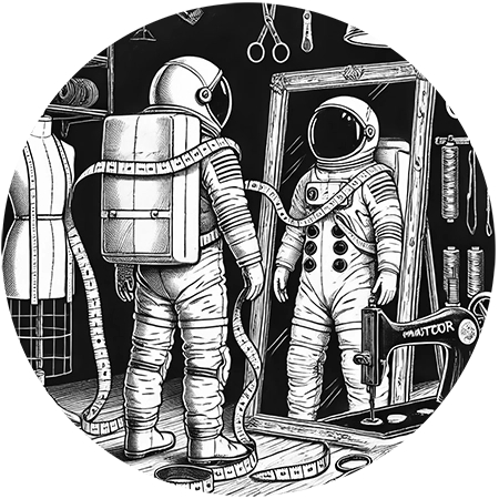 illustration of an astronaut in a tailor workshop