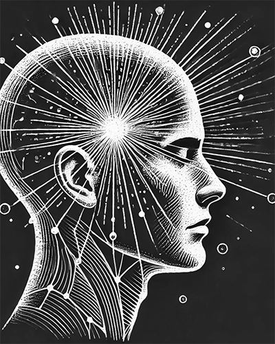 human head with light rays illustration