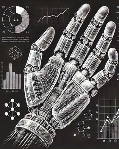 illustration of a robot hand with data charts