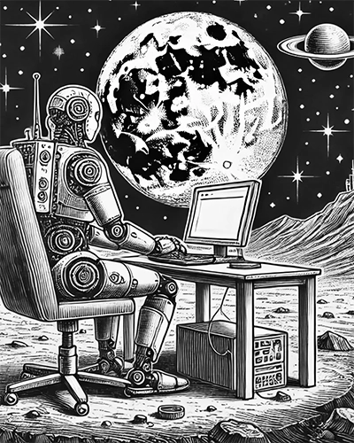 illustration of a robot writing in a pc on the moon