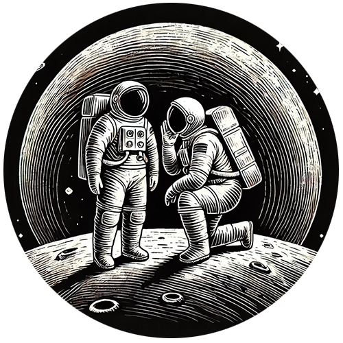 astronaut telling a secret to other astronaut