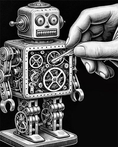 illustration of a hand inserting a key in a robot